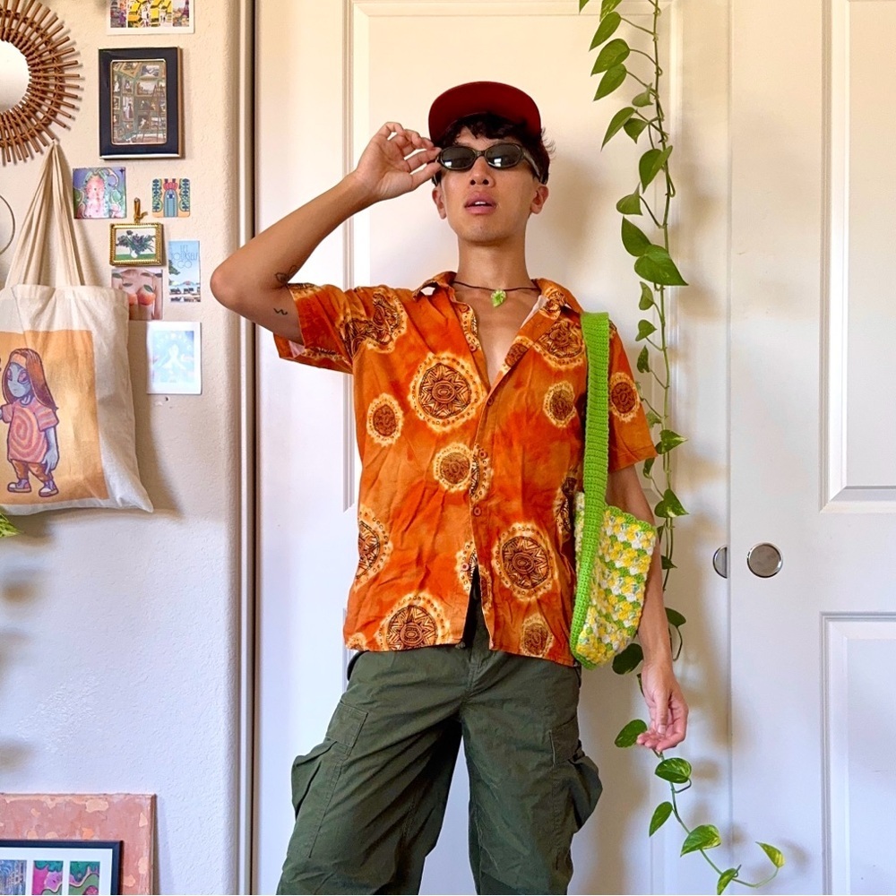 Y2K Orange Lost Tie-Dye Sun Button-Up Shirt